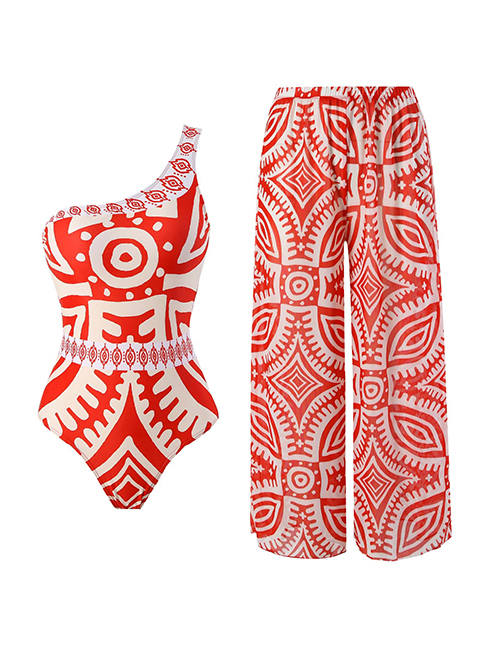 Fashion Red Suit Polyester Printed One-shoulder One-piece Swimsuit Straight-leg Pants Set