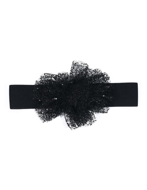 Fashion Black Mesh Sequins Imitation Flower Elastic Wide Girdle