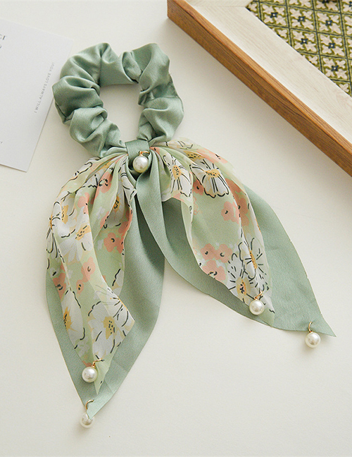 Fashion Pearl Green Fabric Print Bow Ribbon Ruffled Hair Ring Tie