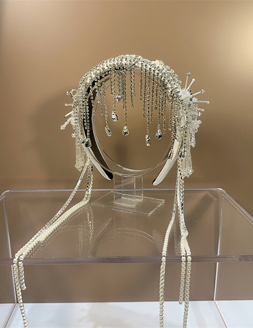 Fashion White Crystal Pearl Tassel Embroidered Wide Brim Headband