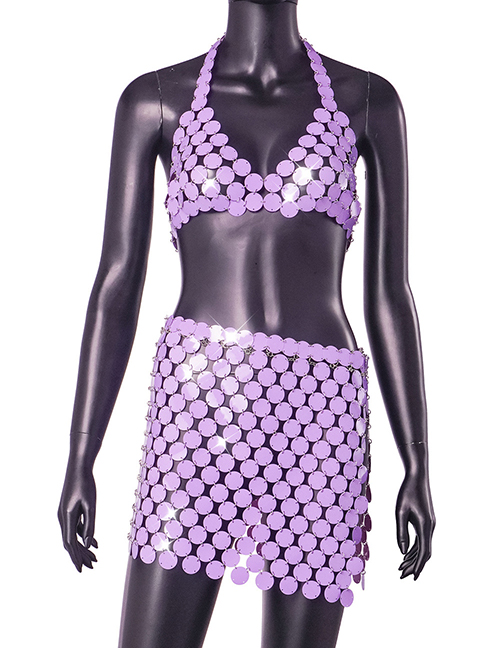 Fashion Purple Sequined Halterneck Strap Skirt Set