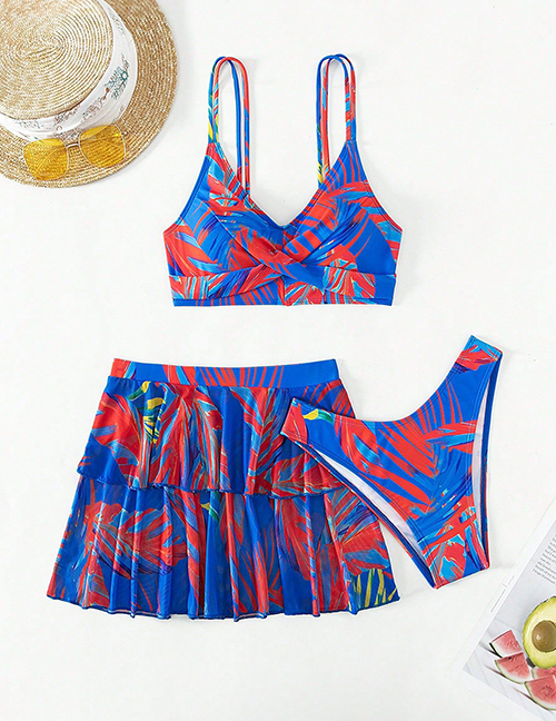 Fashion Blue Polyester Printed Two-piece Swimsuit Three-piece Set