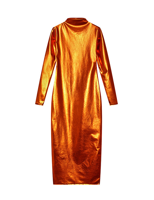 Fashion Orange Imitation Pu Round Neck Dress