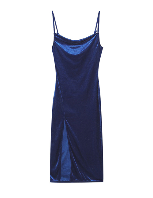 Fashion Color Blue Geometric Slit Drop Neck Slip Dress