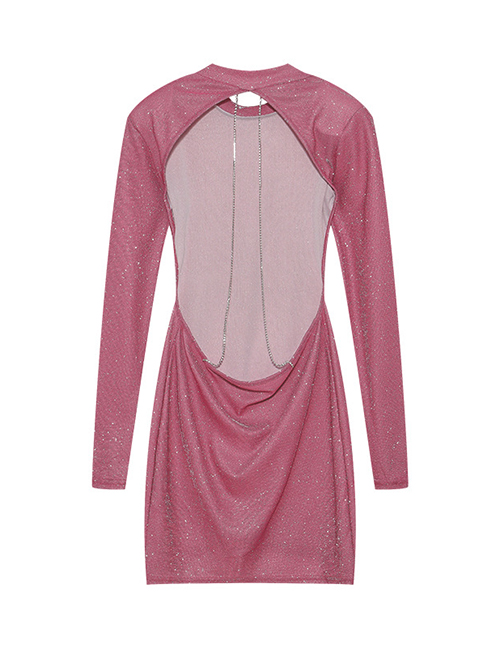 Fashion Pink Open Back Chain Round Neck Long Sleeve Dress