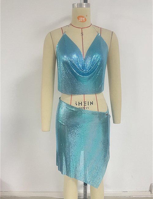 Fashion Sky Blue Metallic V-neck Strappy Skirt Set