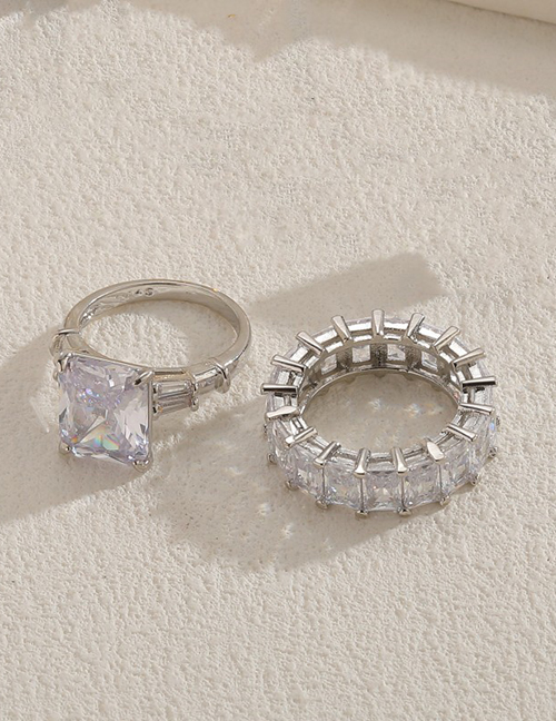 Fashion True Platinum White Zirconium Copper Inlaid Square Zirconia Ring Set