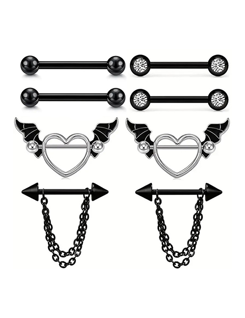 Fashion Black 8-piece Set Titanium Steel Geometric Love Chain Piercing Breast Ring Set