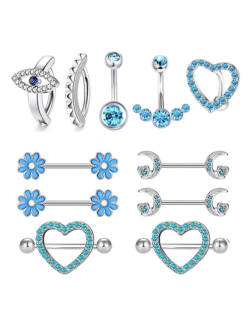 Fashion Blue Titanium Steel Diamond-studded Love Flower Moon Piercing Breast Ring Set