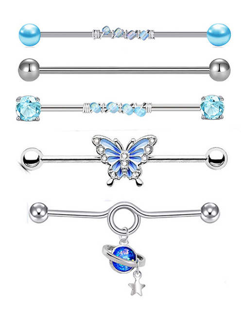 Fashion 5 In 1 Titanium Steel Planet Butterfly Geometric Piercing Stud Earrings