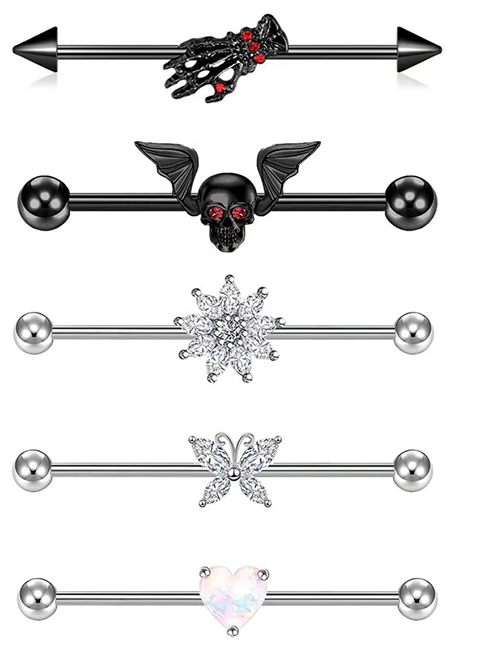 Fashion 5 In 1 Stainless Steel Diamond Heart Flower Butterfly Skull Piercing Stud Earrings Set