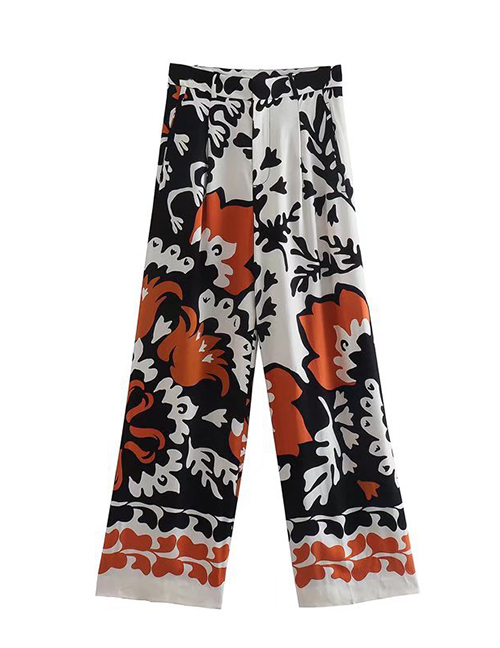 Fashion Black Trousers Polyester Printed Straight-leg Trousers