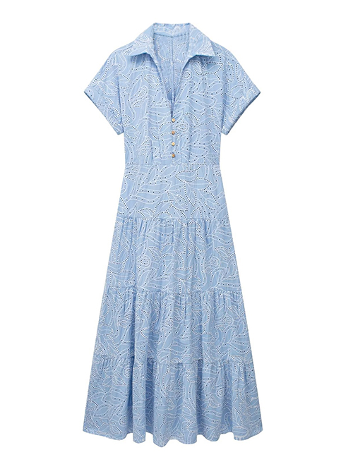 Fashion Blue Hollow Embroidered Lapel Swing Dress