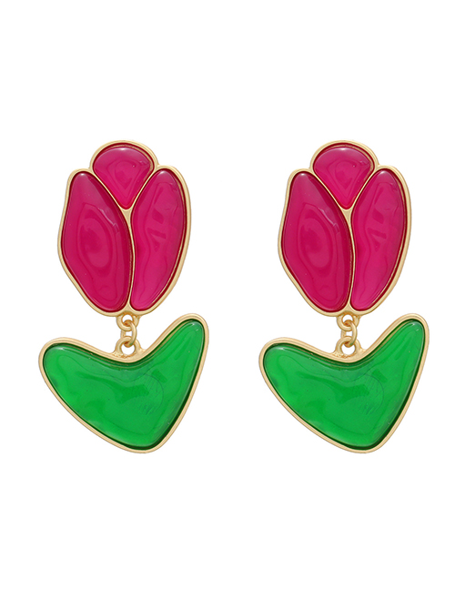 Fashion Red Green Alloy Resin Rose Stud Earrings
