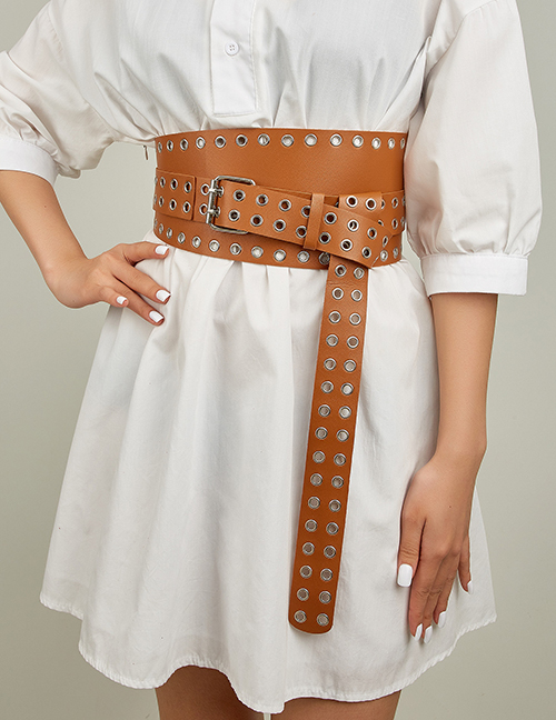 Fashion Full-studded Double-breasted Buttonhole Extended Girdle (camel) Pu Double Breasted Buttonhole Wide Belt