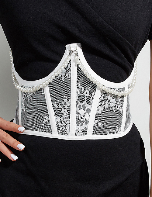 Fashion Large Flower Full Lace Bodice (white) Hanging Pearls Wide Waist Belt With Hanging Pearls In Woven Lace