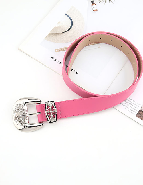Fashion 3.3cm Pin Buckle 2-piece Set (cross Flower) Rose Red Faux Leather Perforated Pin Buckle Wide Belt