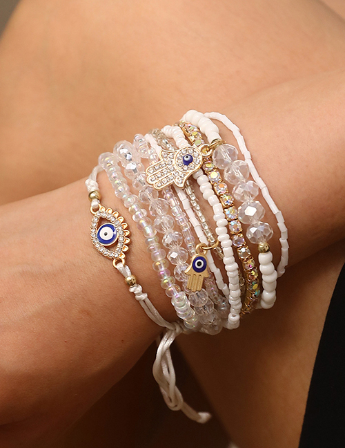 Fashion White Geometric Crystal Bead Beaded Eye Bracelet Set
