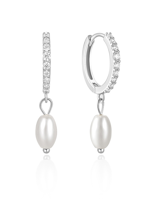 Fashion Platinum Metal Diamond Pearl Hoop Earrings