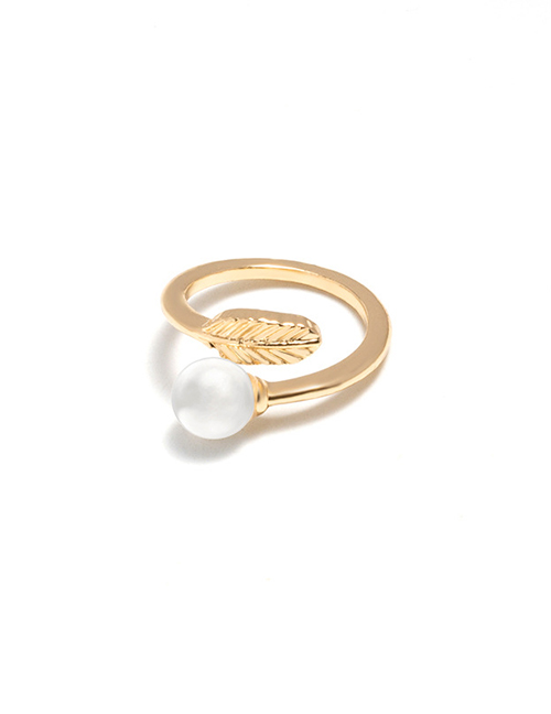 Fashion Gold Alloy Leaf Pearl Open Ring