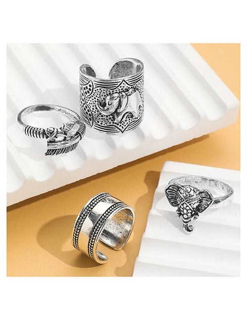 Fashion Silver Alloy Carved Three-dimensional Elephant Feather Arrow Ring Set