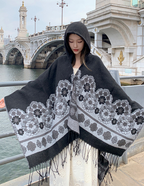 Fashion Sea Of Flowers - Black Cotton Printed Knit Sunscreen Shawl