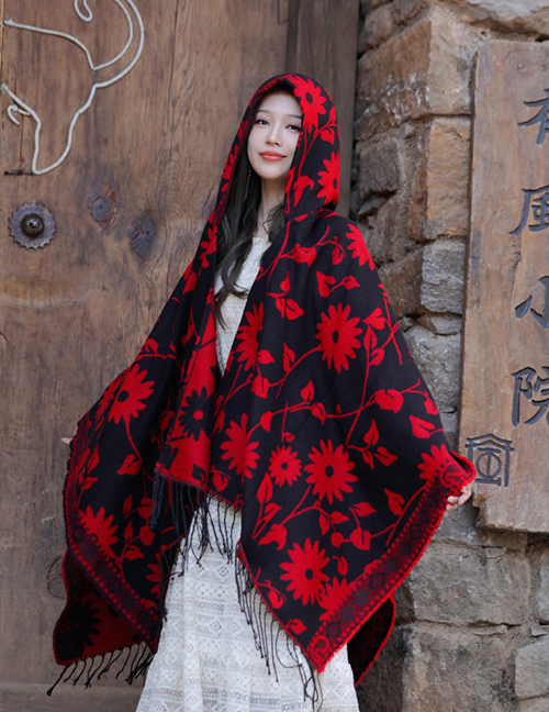Fashion Black Red Cotton Printed Knit Sunscreen Shawl