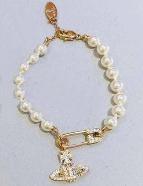 Fashion Gold Pearl Bead And Diamond Planet Bracelet