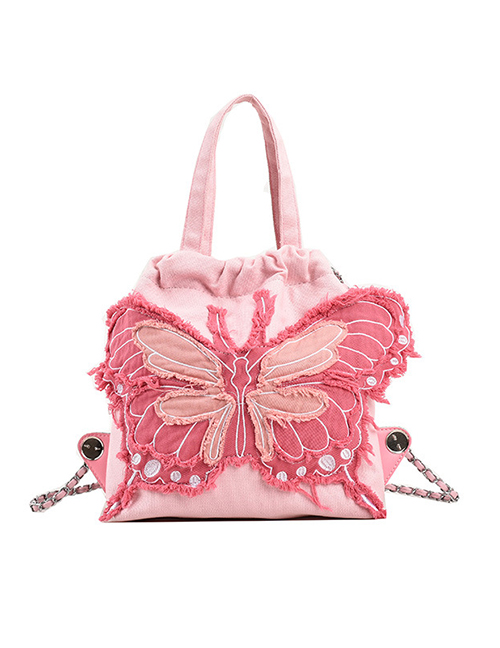 Fashion Small Pink Canvas Butterfly Embroidered Drawstring Backpack