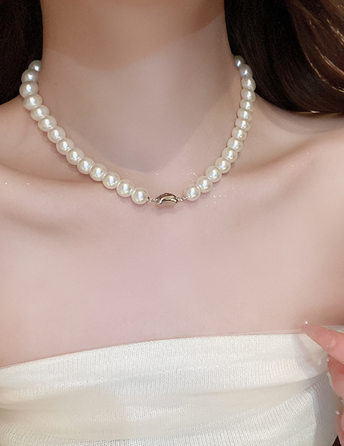 Fashion 14# Necklace - White 8mm Pearl Beaded Geometric Necklace