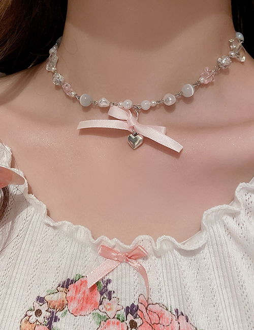 Fashion 16#necklace-pink Heart Bowknot Pearl Beaded Bow Heart Necklace