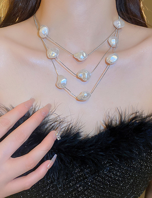Fashion 19#necklace-silver White Pearl Three Layers Alloy Geometric Shaped Pearl Multilayer Necklace