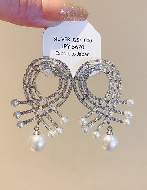 Fashion 42#silver White Water Drop Three Layers Alloy Diamond Pearl Geometric Stud Earrings