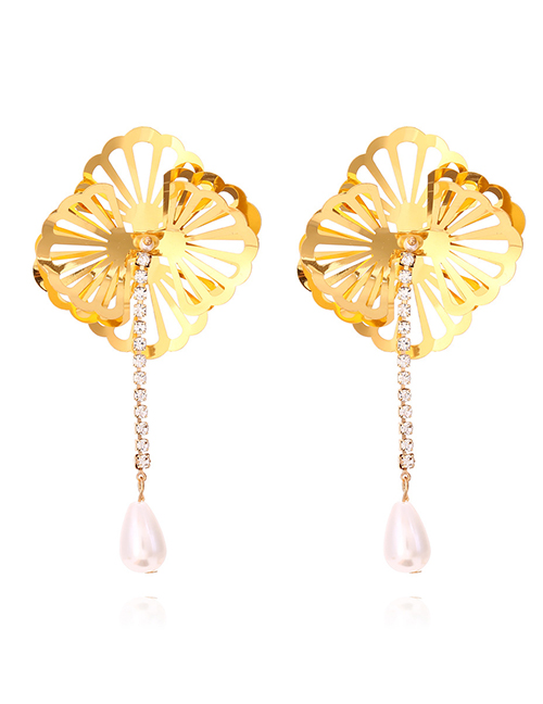 Fashion Gold Metal Three-dimensional Flower Tassel Rhinestone Earrings