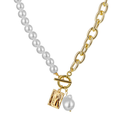 Fashion 3# Alloy Pearl Beaded Chain Square Necklace