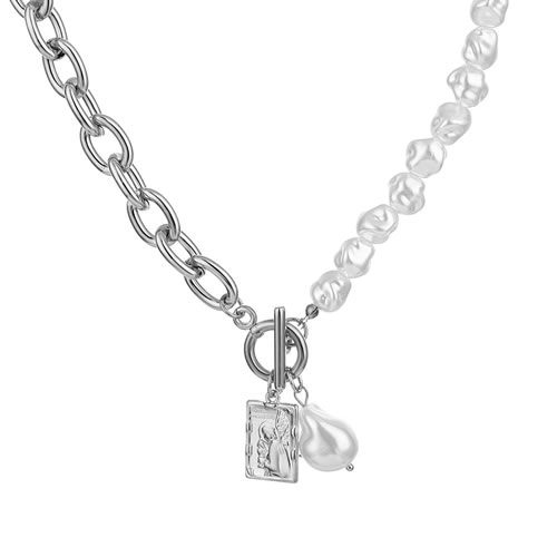 Fashion 6# Alloy Pearl Beaded Chain Square Necklace