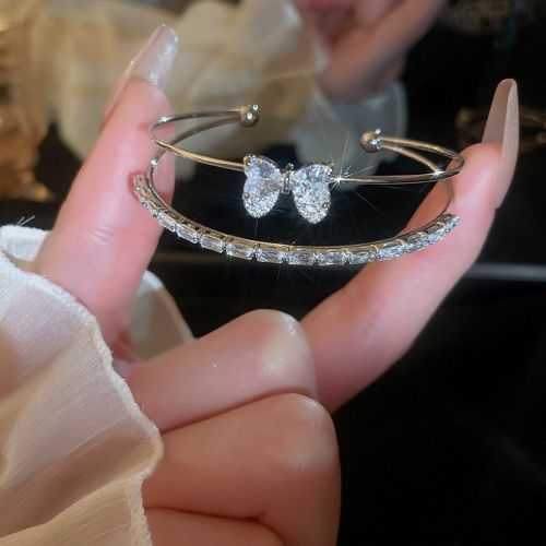 Fashion 23#bracelet-silver Bow Heart Double Row Resin Geometric Bracelet