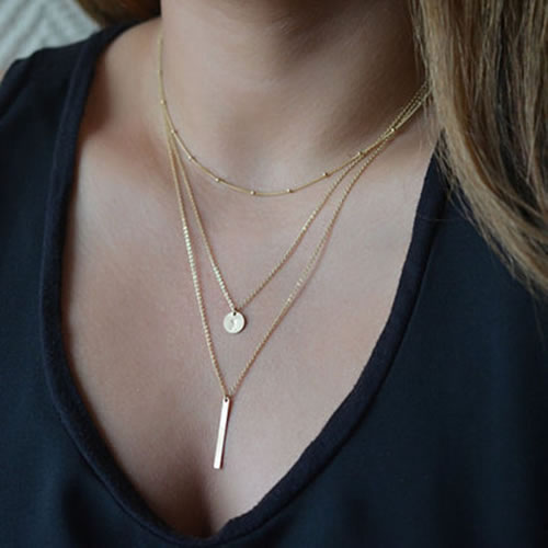 Fashion 8# Alloy Round Plate Vertical Bar Multilayer Necklace