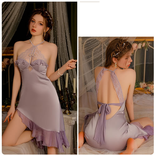 Fashion Taro Purple Halter Neck Lace See-through Suspender Nightdress