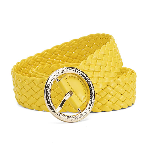 Fashion Yellow Metal Round Buckle Pu Bright Color Braided Wide Belt