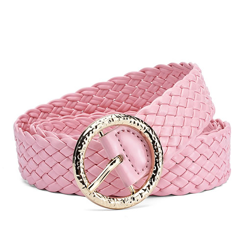 Fashion Pink Metal Round Buckle Pu Bright Color Braided Wide Belt