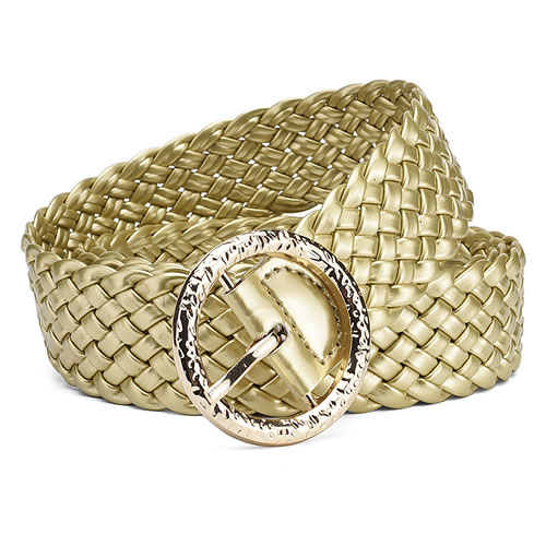 Fashion Gold Metal Round Buckle Pu Bright Color Braided Wide Belt