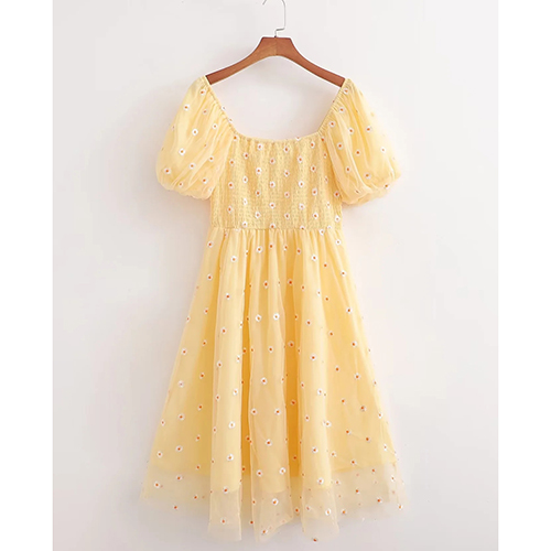 Fashion Yellow Polyester Print Puff Sleeve Square Neck Dress