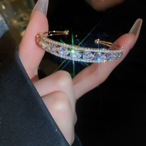Fashion 4# Open Bracelet - Gold Double Layer Alloy Diamond Drop Shape Cuff Bracelet
