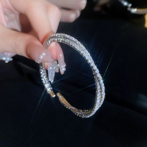 Fashion 20# Open Bracelet - Silver Double Layer Alloy Diamond Geometric Cuff Bracelet