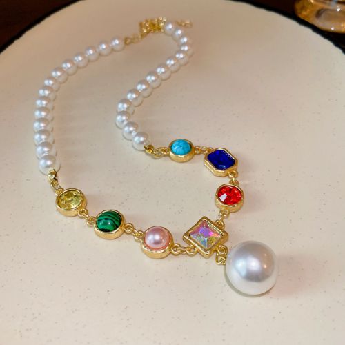 Fashion Necklace - Color - White Alloy Pearl Beaded Panel Necklace