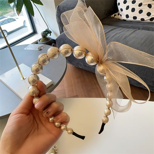 Fashion Pearl Bow --- Khaki Fabric Pearl Bow Headband