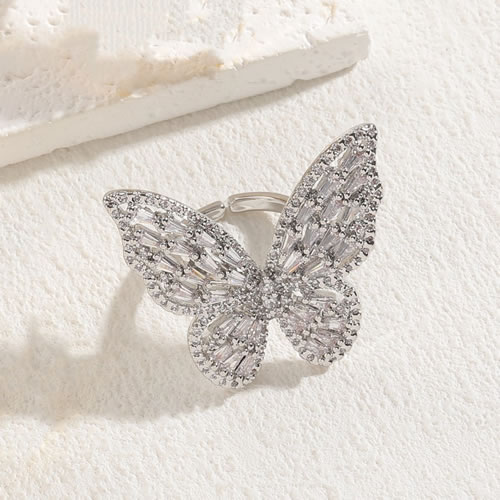 Fashion True Platinum White Zircon Brass Zirconia Butterfly Open Ring