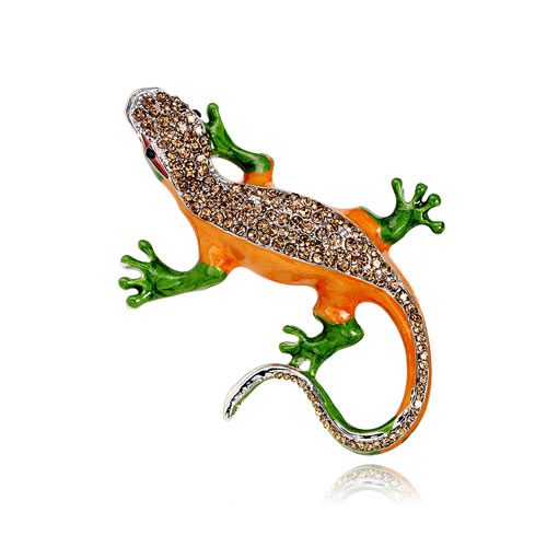 Fashion Orange Alloy Diamond Gecko Brooch