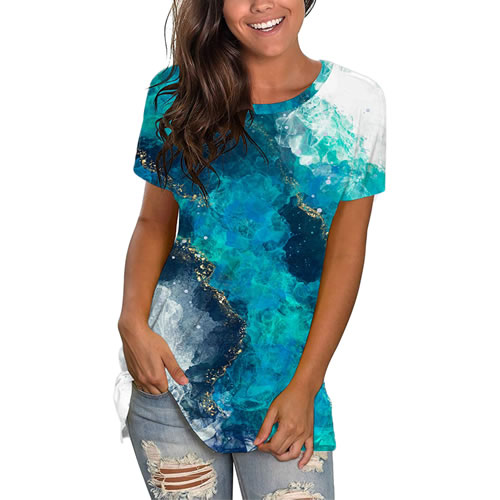 Fashion Peacock Blue Polyester Printed Pullover Short Sleeves